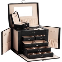 AdelDream Schmuckkasten Schmuckkoffer groß abschließbar 5 Ebenen mit 5 Schubladen mit Spiegel für Ringe Ohrringe Halsketten und Armbänder elegant und klassisch Schwarz