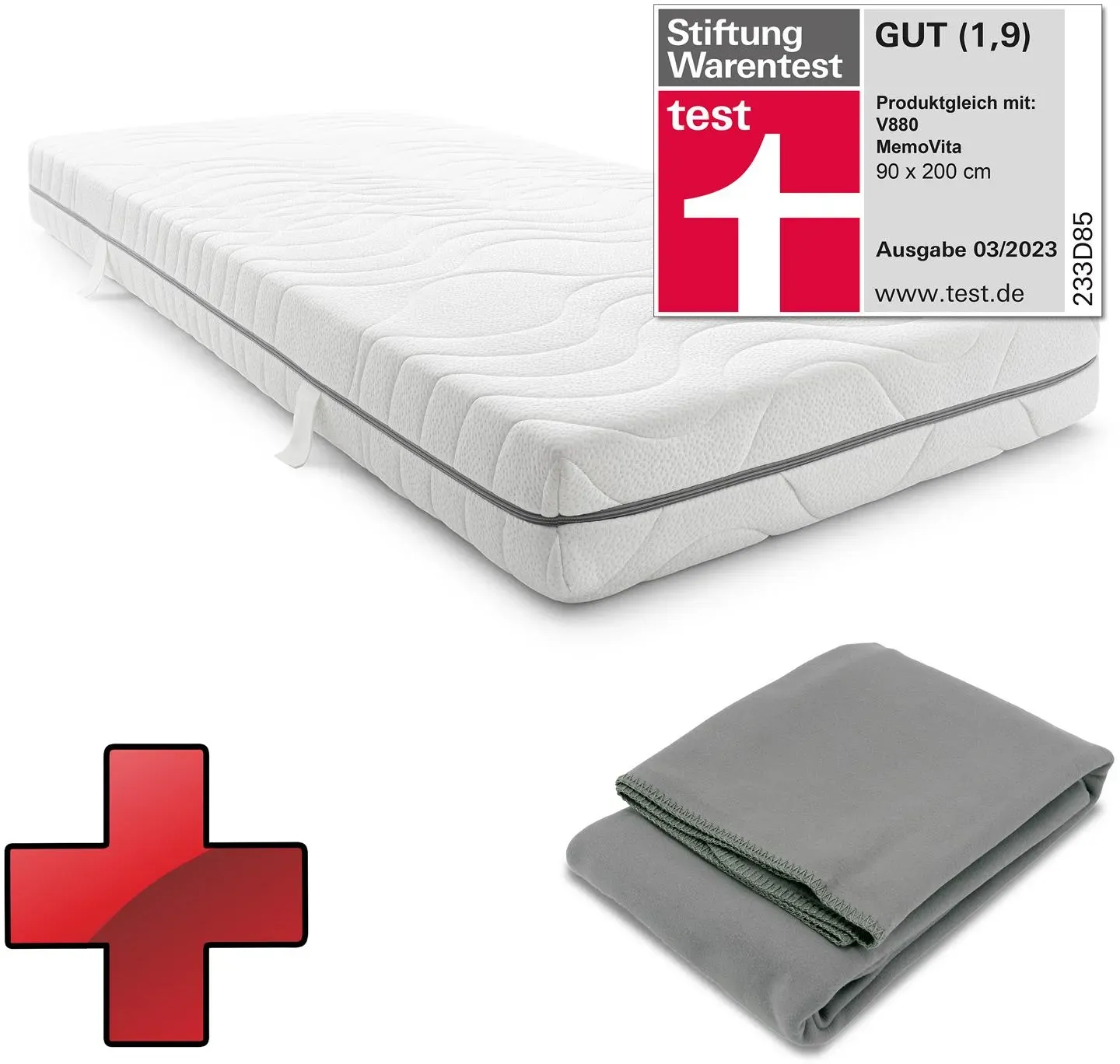 7 Zonen Viskoelastik-Matratze Sleezzz Smart 90 x 200 cm, Höhe 18 cm, Härtegrad H3 mit Air Memoryschaum + Sleezzz® Smart Kuscheldecke anthrazit 140 x 200 cm