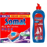 SOMAT Tabs 63 AW all in 1 Extra, Geschirrspül Tabs für strahlende Sauberkeit, bekämpfen selbst eingetrocknete Rückstände + Somat Duo Power Experten Klarspüler 750ml