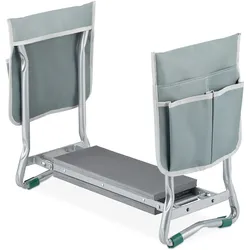Relaxdays Kniebank für Gartenarbeit, gelenkschonend, klappbar, bis 150 kg, gepolsterte Kniehilfe, 2 Taschen, silber/grau