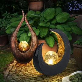 GLOBO Solarlampe Gartendeko Skulptur LED Mondsichel Solarleuchte Garten, Glaskugel Crackle, 2er Set