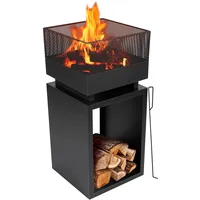 BBQ Collection Feuertonne mit Funkenschutz - Feuerkorb 39 x 39 x 85 cm - Gartenkamin für Brennholz - Terrassenofen mit Schürhaken und Brennholzlager - Deko Terrasse - Karbonstahl