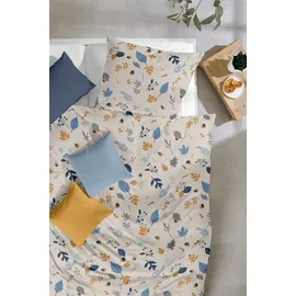 Primera Biber-Bettwäsche Branches floral Braun/Blau 155 x 220 cm + 2 x 80 x 80 cm