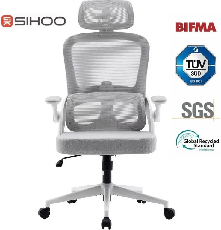 SIHOO M102C ergonomischer Netz-Büro- und Computerstuhl, hohe Rückenlehne mit 3D-Armlehnen, höhenverstellbarer Lendenstütze, drehbar, weißes Gestell und hellgraues Mesh