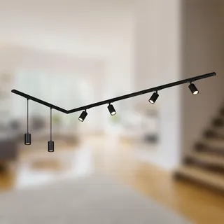 Briloner - Schienensystem Rail Komplettset, 4x GU10 Spots schwenkbar, 2x GU10 Pendel, L-Form, Lichtschienensystem Decke, Strahler Schiene, Deckenlampe, Deckenleuchte, Spotlight, 2,25m, Schwarz