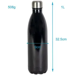 Intirilife Trinkflasche aus Edelstahl in SCHWARZ - 1 Liter Füllmenge - Thermoskanne Isolierflasche Auslaufsicher Thermosflasche für Wasser Tee Kaffee