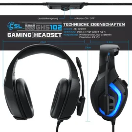 CSL USB Gaming Headset "GHS-103" mit Mikrofon Kopfhörer für PC (Win XP/7/8/8.1/10), PS4/4 Pro