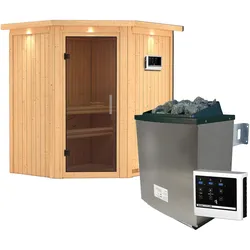 Karibu Sauna Taurin mit Eckeinstieg 68 mm-9 kW Ofen inkl. Steuergerät-Inkl. Dachkranz-Ganzglastür in Graphit-Optik
