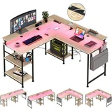 AIORBER L-förmiger Schreibtisch, 140x140x85 cm, umkehrbarer Eck-Computertisch mit Steckdose und LED-Leiste, Gaming-Computertisch mit Monitorständ... - Beige