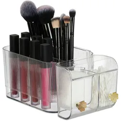 Relaxdays Kosmetik Organizer, 4 Fächer & 2 Haken, Wattestäbchenbehälter, Klebe-Wandmontage, Kunststoff, transparent/gold