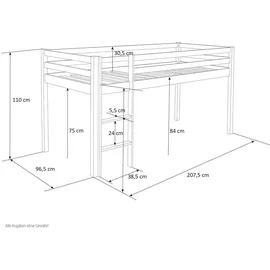 Homestyle4u Hochbett 90 x 200 cm Kiefer massiv weiß grau