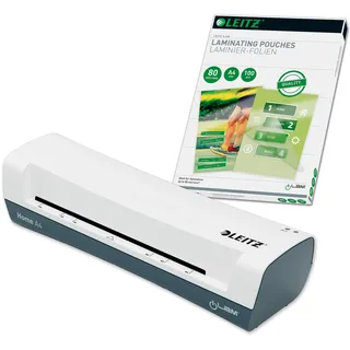 Leitz Set iLAM Home A4 Laminiergerät + Heißlaminierfolien A4 80 mic im 100er Pack, Laminiergerät für 75 bis 125 mic Laminierfolien, 3 Min. Aufwärmzeit, Weiß, Ideal für Home Office & Schule, 74200000