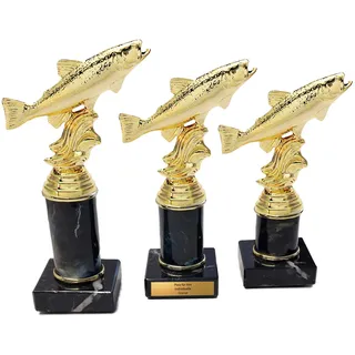 eberin · Angler Pokale · Angeln Pokal · Fisch Pokal · Lachs Forelle Gold auf Säule/Marmor schwarz · Angelurlaub Norwegen · Angelverein Ehrenpreis · in 3 Größen · mit oder ohne Gravur · (18,6 cm)
