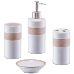 Zeller Bad-Accessoires-Set in Geschenkverpackung, 4-teilig, Seifenspender, Seifenschale, Zahnputzbecher, Utensilienhalter, Farbe: beige / braun, Material: Keramik