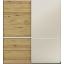 Schwebetürenschrank MUSTERRING "Savona, Kleiderschrank, Schrank, Garderobe, mit Schiebetüren", braun, B:200cm H:217cm, Schränke, Türen Bianco-Eiche massiv, Spiegel-/Glastüren, eingelegte Chromleiste