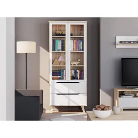 Forte VANKKA Stauraumvitrine", planked eiche, weiß, B:84,7cm H:201,5cm T:42cm, Spanplatte, Schränke, Vitrine, 2 Glastüre, Grifflos, zeitloses Design, 2 Schubkästen