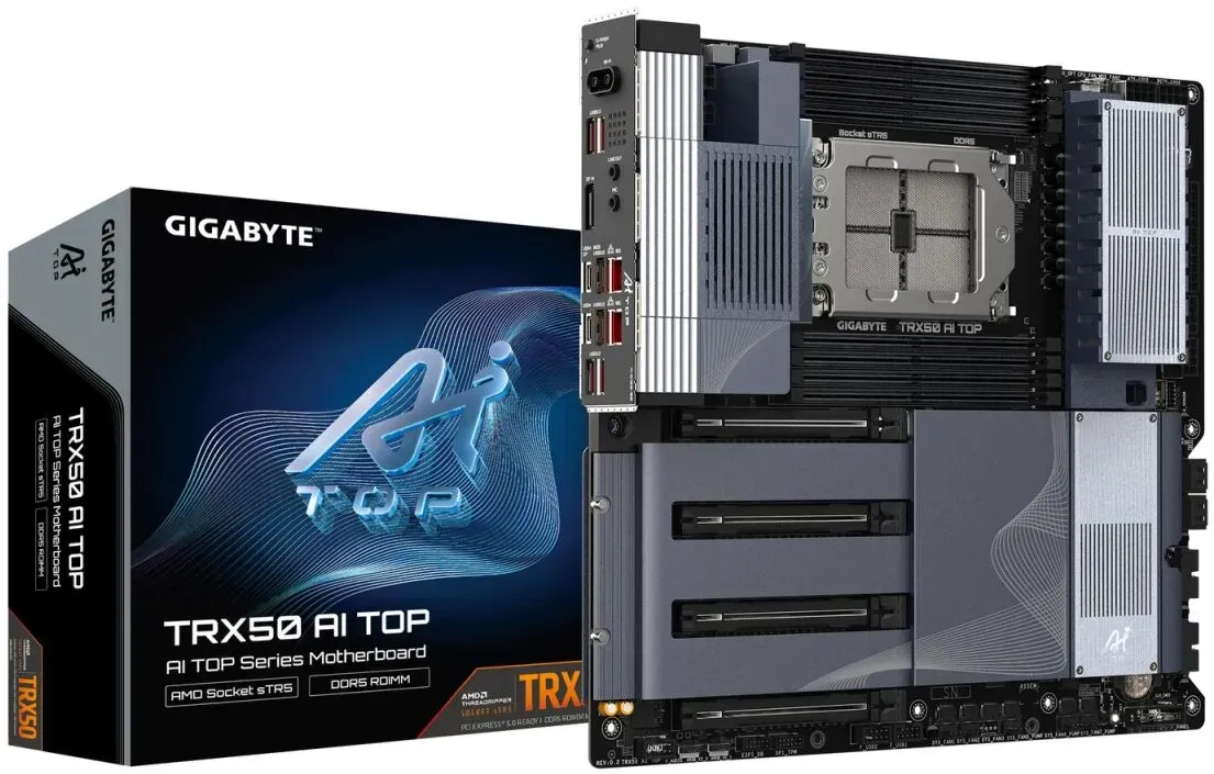 GIGABYTE TRX50 AI TOP-2B Mainboard – Unterstützt AMD Ryzen Threadripper PRO 7000 CPUs, digitales 16+8+4 Phasen VRM, bis zu 5200 MHz DDR5, 4 x PCIe 5.0 M.2, Wi-Fi 7, 10 GbE LAN, USB 4