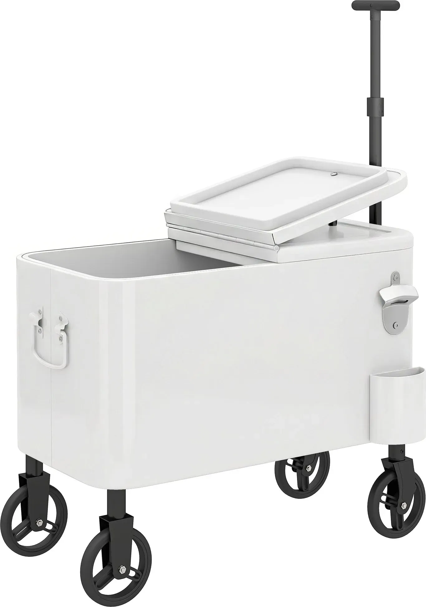 Outsunny Getränkekühlwagen 56 L mit Rollen, Getränkewagen mit verstellbarem Griff, Flaschenöffner, Kronkorkensammler, Ablauf und Griff, Kühltisch Garten Außenbereich für Terrasse, Party, BBQ, 75x35x120 cm, Weiß   Aosom