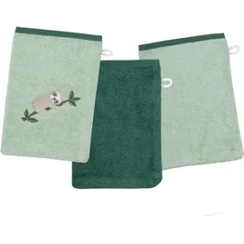 Wörner Waschhandschuh WÖRNER "Faultier Waschhandschuh 3er Set", grün (helloliv, pinie), B:15cm L:21cm, Obermaterial: 100% Baumwolle, Handtücher, 1x mit Stickerei Faultier, 2x unifarben