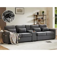 SeedWave Big-Sofa 4-Sitzer Sofa mit Konsole, Big Sofa breite 260 cm, Leinen Recamiere, Gepolstertes Sofa mit USB-Ladeanschluss, Stauraum grau