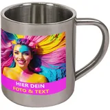 Kiwistar - Edelstahltasse - selbst gestalten - Foto - Wunschtext - individuell bedruckt - personalisiert - Geschenkidee - Becher mit Foto und Text - 400ml - 8cmx10cm.