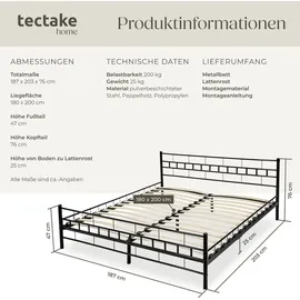 Tectake tectake® Metallbett, robustes Stahlgestell, bodenschonende Kunststoffkappen, 180 x 200 cm