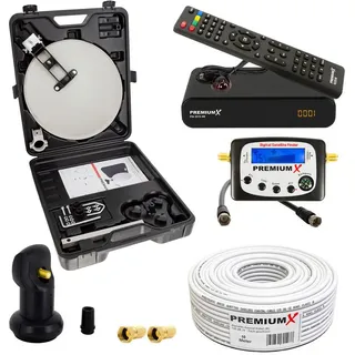 PremiumX Camping Satelliten Anlage Satellitenschüssel HD TV Receiver SAT-Finder Single LNB 10m Kabel F-Stecker kompakt im Koffer