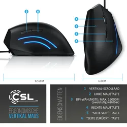 CSL ergonomische Maus, kabelgebunden, ergonomische Vertikalmaus zur Vorbeugung von Maus-/Tennisarm