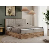 MKS Meble Boxspringbett 180x200 mit Bettkasten Eiche, Polsterbett 180x200 mit Matratze H3, Bett 180x200 mit Kopfteil, Bett mit Holzrahmen in Wotan ... - Beige
