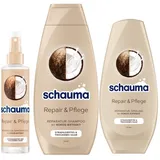 Schauma Sprühpflege Repair & Pflege (200 ml) Hitzeschutz & Reparatur-Shampoo Repair & Pflege (400 ml) glättet & repariert & Schwarzkopf Spülung Repair & Pflege (250 ml)