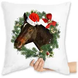 Shirtracer Kissen 40x40 Zierkissen - Weihnachtskissen Christmas Geschenke - Pferd mit Weihnachtsmütze im Kranz - 40 x 40 cm - Weiß - weihnachtsmotiv weihnacht Pferde Weihnachten Weihnachts Xmas