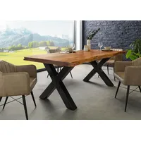 Baumtisch Akazie 200x100x77 Akazie natur lackiert / X-Beine anthrazit glänzend