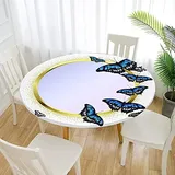 Morbuy Rund Tischdecke Elastisch, Schmetterling Drucken Rund Tischdecken Wasserdicht Lotuseffekt Abwaschbar Abwischbar Tischtuch für Garten Outdoor Küchentisch (Für Tisch 80-90 cm,blau)