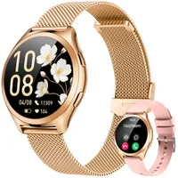 Gold Smartwatch Damen Armbanduhr Rund: Smart Watch Damen 1,27" Klein Duenn Touchscreen Metallarmband mit Telefonfunktion Schrittzähler Schlafmonitor Herzfrequenz Blutdruck Wasserdicht Sport Fitnessuhr