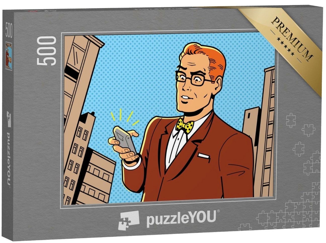 puzzleYOU Puzzle Ironische Illustration: Retro-Mann mit Smartphone, 500 Puzzleteile, puzzleYOU-Kollektionen Comic