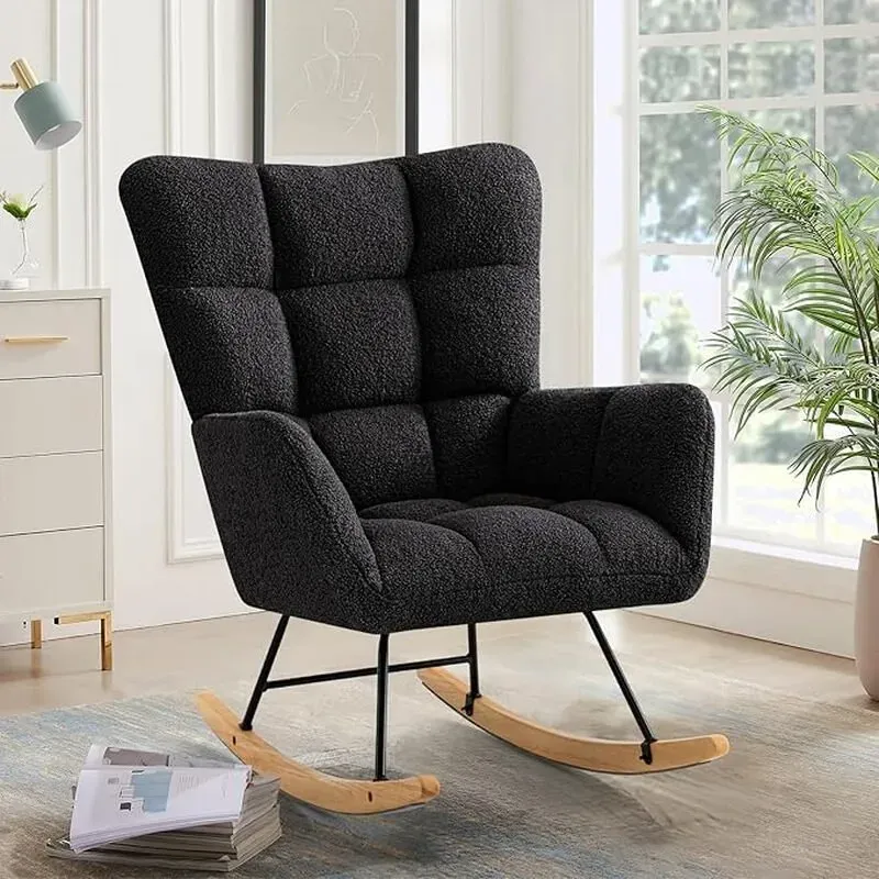 Ckaff Schaukelstuhl, Stillstuhl, Babyzimmer, Entspannungsstuhl, Polsterarmstuhl, Wohnzimmerstuhl, Lesestuhl mit Holzgleitern, Armlehnenstuhl für Wohnzimmer, Schlafzimmer, Babyzimmer, Schwarz