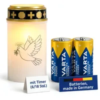 Fachhandel Plus LED Grablicht mit Timer 6/18 Std Motivwahl Grabkerze LED mit Batterie inklusive 2x Varta Longlife C LR14 für Friedhof Gedenkplatz und Außenbereich (Weiß, Taube)