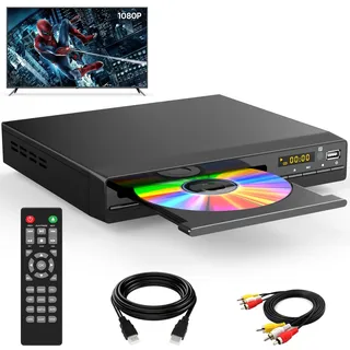 HDMI DVD Player | Unterstützt 1080P, USB, CD | Regionenfreier DVD Spieler für Fernseher | Mit HDMI-Kabel, RCA-Kabel und Fernsteuerung