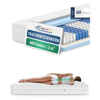 AM Qualitätsmatratzen 7 Zonen Taschenfederkernmatratze 90x200cm H2 - Made in Germany - Ergonomische Federkernmatratze 90x200 mit waschbarem Bezug - Oeko TEX zertifizierte Matratze 90x200 20cm hoch