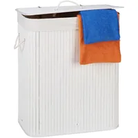 Relaxdays Wäschekorb Bambus mit Deckel, rechteckiger Wäschesammler, 2 Fächer, 95 l Volumen, faltbare Wäschebox, weiß