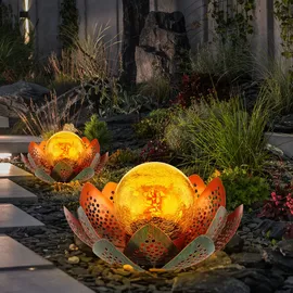 GLOBO Garten Außenlampen Solarleuchte dekorative LED Solarleuchte im Lotusblüten Design, Glaskugel goldfarben, LED, 22cm, Terrasse