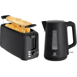 SUPERLEX Frühstücksset Wasserkocher Toaster Set Schwarz 1,7L 2200W Mit 4 Scheiben Langschlitz Toaster 7 Bräunungsstufen Automatische Abschaltung Krümelschublade Für Küche Haushalt Büro