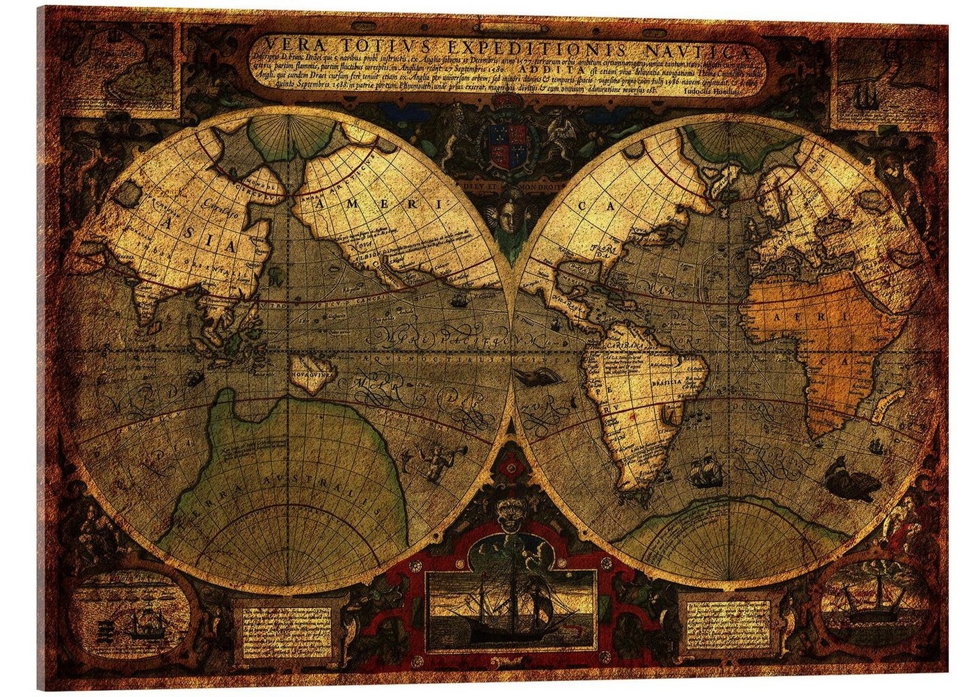 Posterlounge Acrylglasbild Michaels Antike Weltkarten, Welt 1595, Wohnzimmer Illustration braun 70 cm x 50 cm