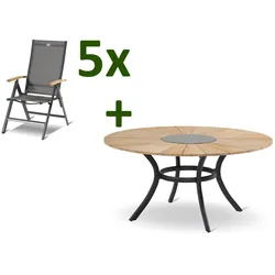 HARTMAN Aruba/Provence Garten-Essgruppe, xerix/natur, Alu/Textilene/Teak, Ø150 cm, 5 Klappstühle, Eisbox
