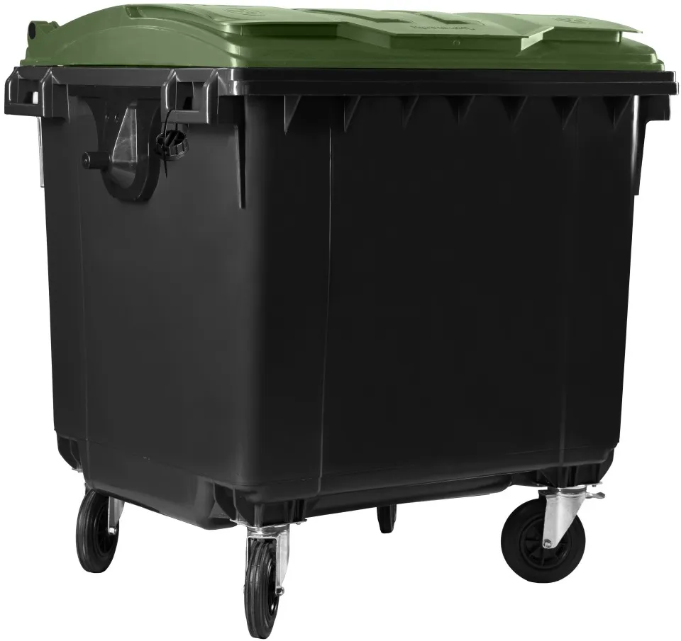 Hardwex Müllcontainer 1100 l Schwarz mit grünem Flachdeckel
