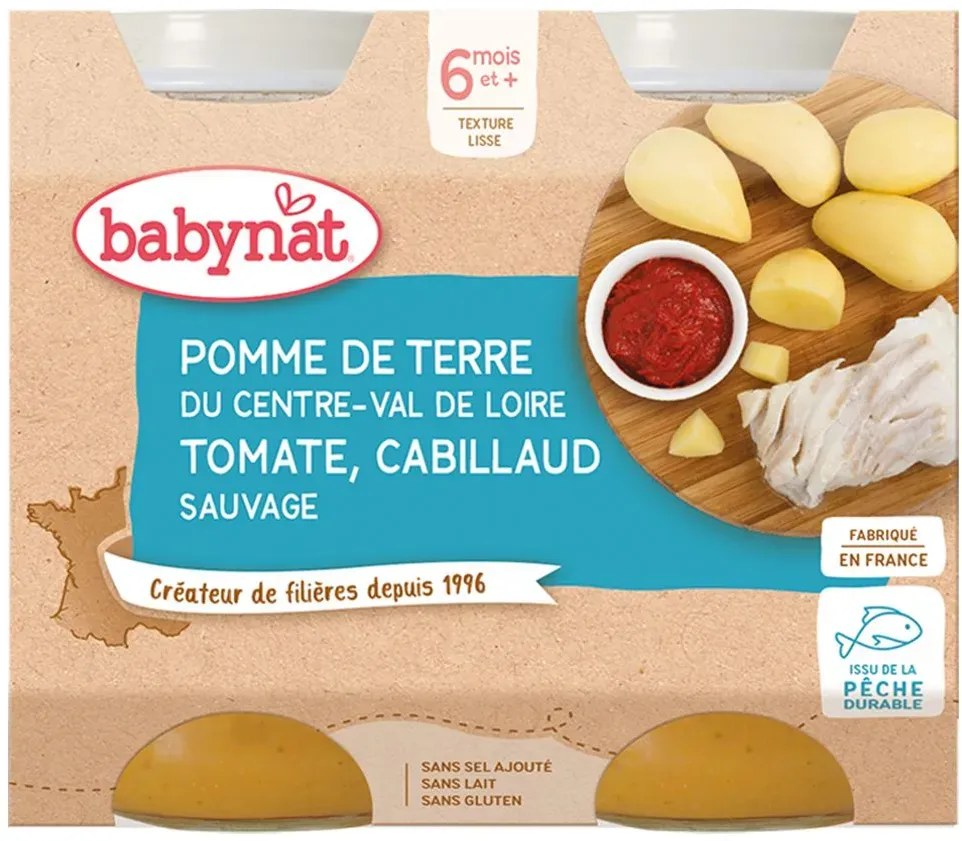 Babybio POMME DE TERRE DU CENTRE-VAL DE LOIRE TOMATE CABILLAUD SAUVAGE dès 6 mois 400 g Aliment