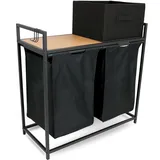 holz4home holz4home® Wäschekorb 2 Fächer 92 Liter ausziehbar mit Aufbewahrungsbox schwarz/Eiche-Dekor Natur