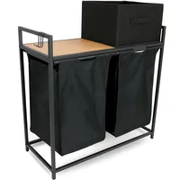 holz4home holz4home® Wäschekorb 2 Fächer 92 Liter ausziehbar mit Aufbewahrungsbox schwarz/Eiche-Dekor Natur