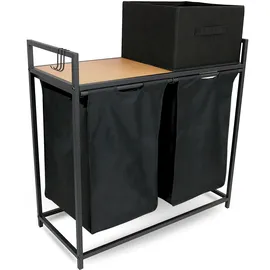 holz4home holz4home® Wäschekorb 2 Fächer 92 Liter ausziehbar mit Aufbewahrungsbox schwarz/Eiche-Dekor Natur