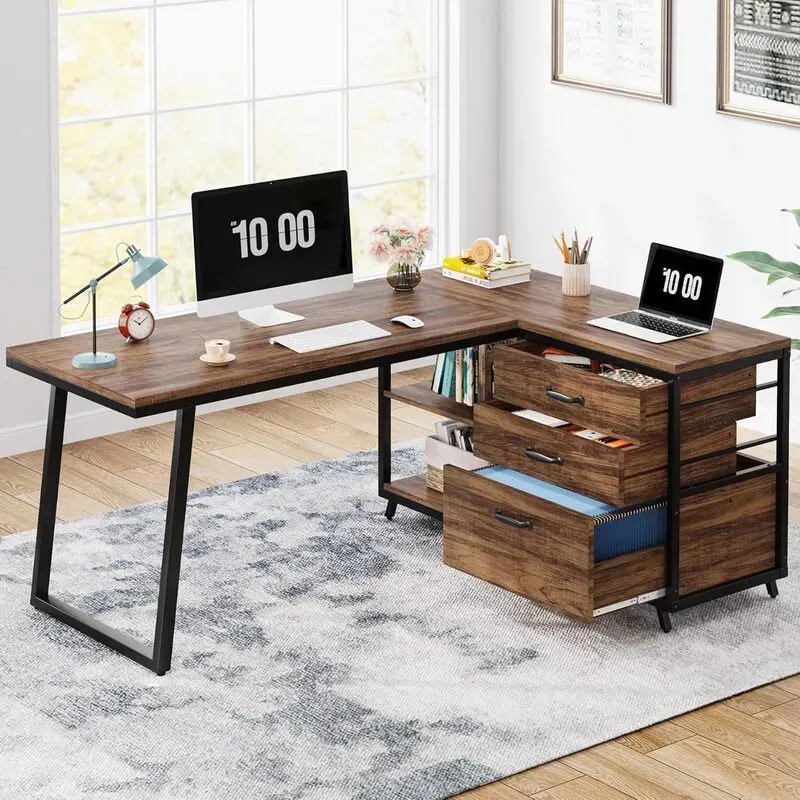 Tribesigns Industrieller Schreibtisch, L-förmiger Computertisch mit 3 Schubladen, umkehrbarer Eckschreibtisch mit Regalen, 135 x 100 cm PC-Tisch, Arbeitszimmer, Arbeitsplatz für kleine Räume